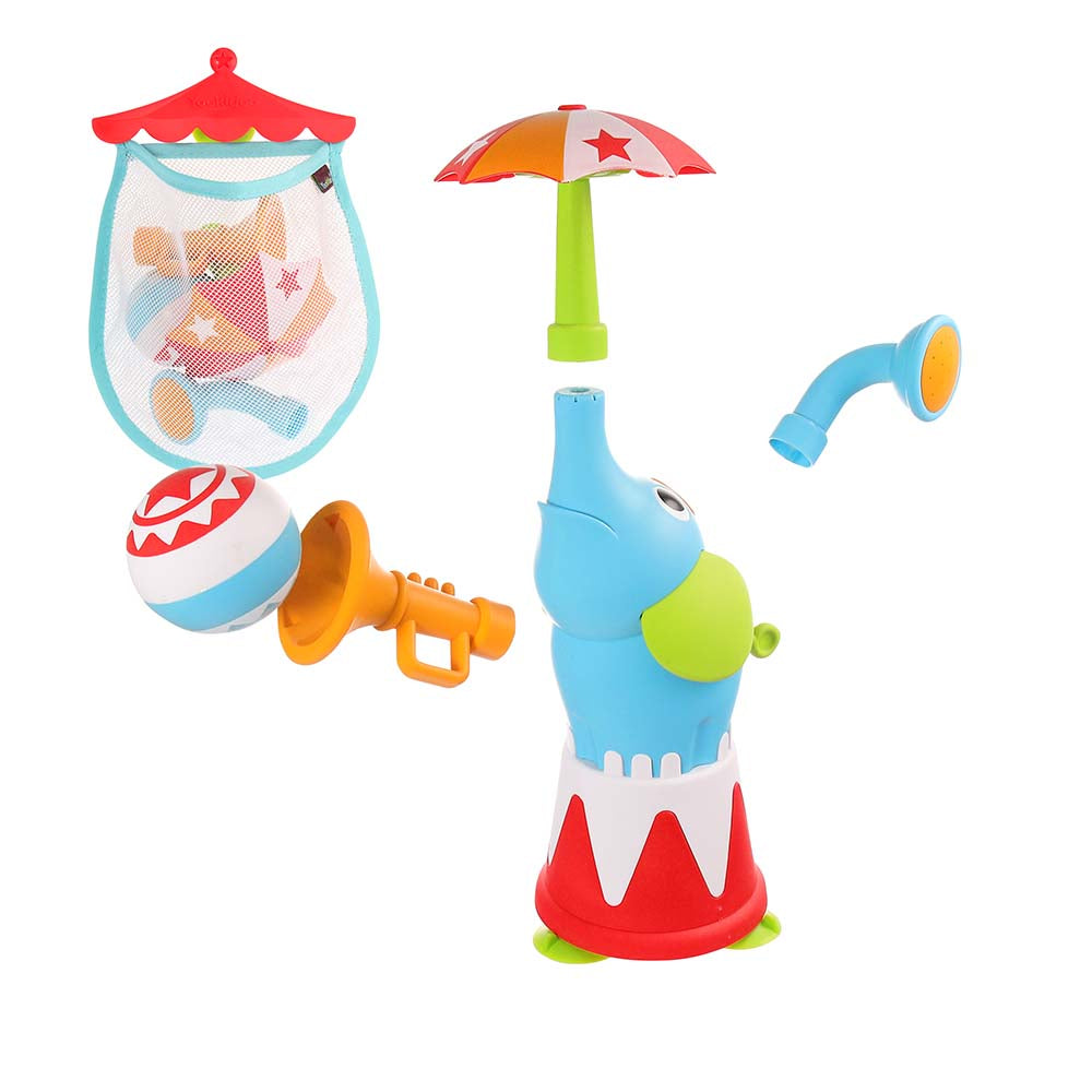 Yookidoo Elefountain bath toy set; blue elephant fountain with orange launcher, umbrella and shower head, 6 pieces