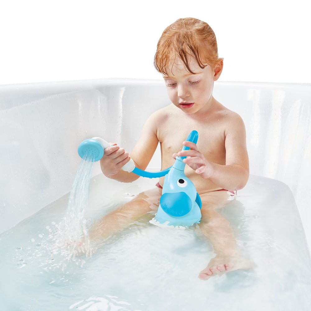 Yookidoo Elephant Baby Shower Head bath toy in blue with flowing water for toddler play