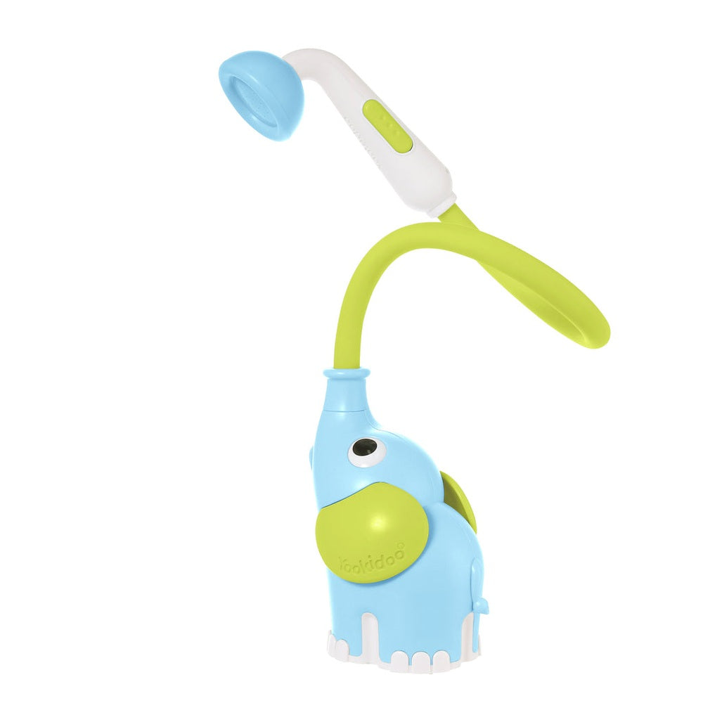 Yookidoo elephant bath toy shower head with blue body and lime-green accents