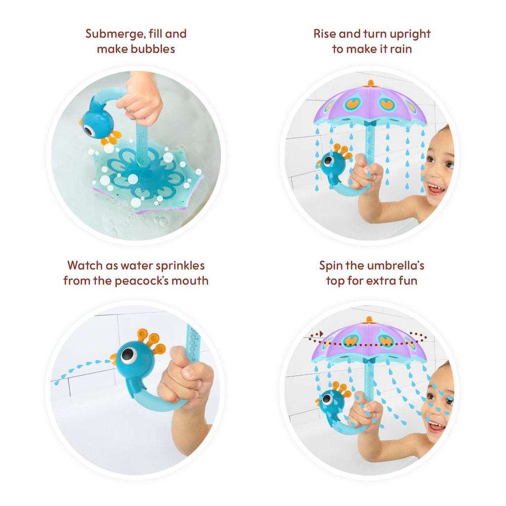 Yookidoo Fill N Rain Peacock Umbrella Purple bath toy with interactive water sprinkler and spinning umbrella