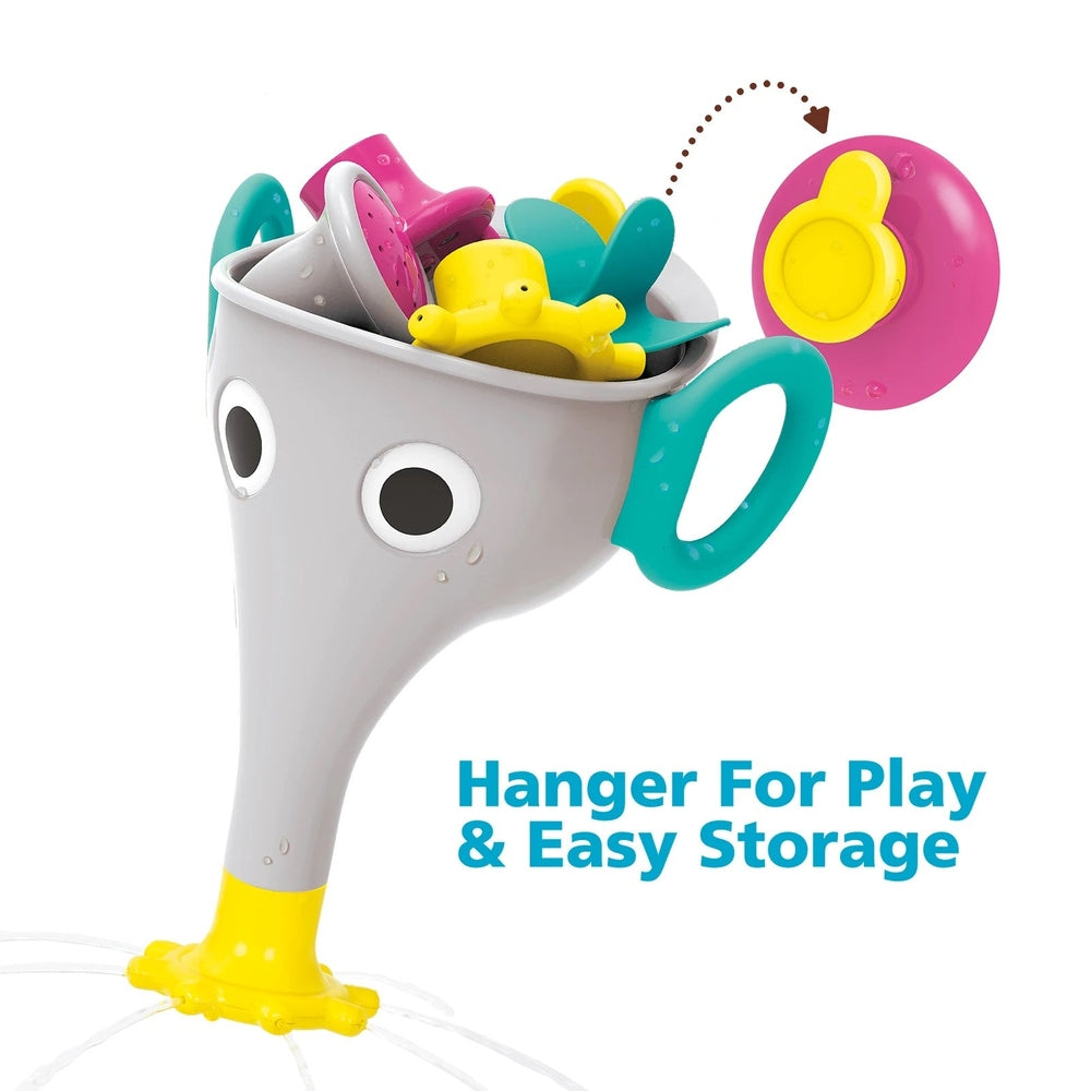 Yookidoo Funelefun Fill N Sprinkle grey bath toy set with interactive bucket and colorful accessories