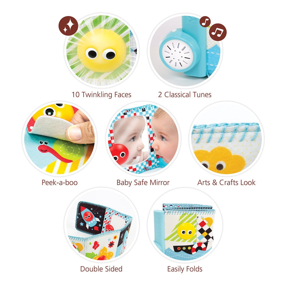 Yookidoo Lights 'N' Music Baby Book bath toy, colorful with peek-a-boo pages and baby-safe mirror.