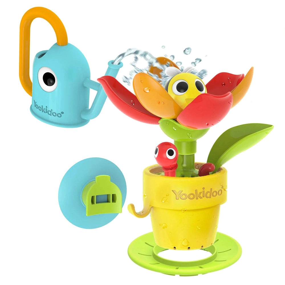 Yookidoo Peek-A-Bee Flower Tub bath toy: yellow pot with spinning colorful petals and blue watering can pouring water.