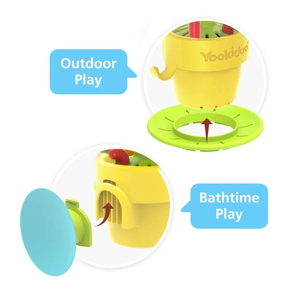 Yookidoo Peek-A-Bee Flower Tub bath toy; bright yellow flower with green base enables outdoor and bathtime play.