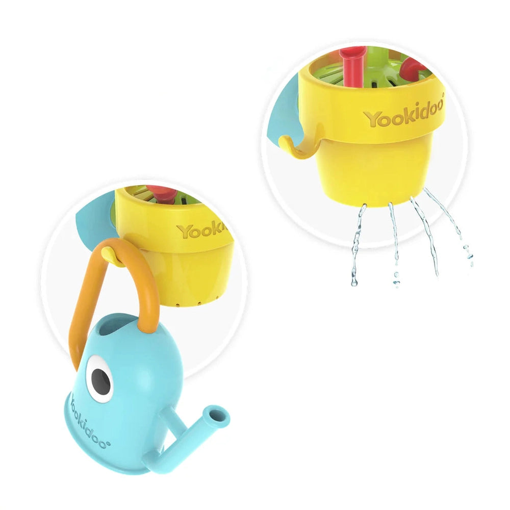 Yookidoo Peek-A-Bee Flower Tub bath toy set; blue bee watering can pours water from its spout and yellow bucket streams.