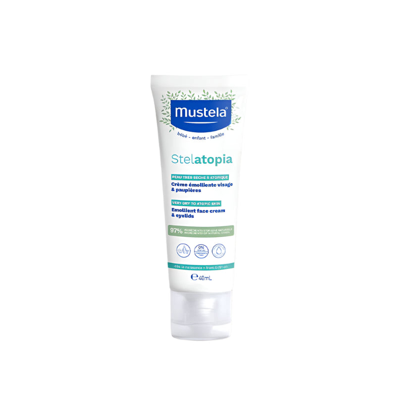 Mustela Stelatopia emollient facial cream tube, white with blue label