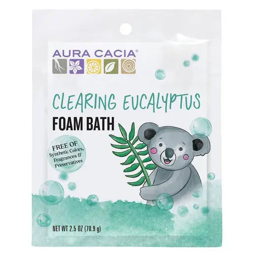 Aura Cacia kids foam bath eucalyptus, white package with koala