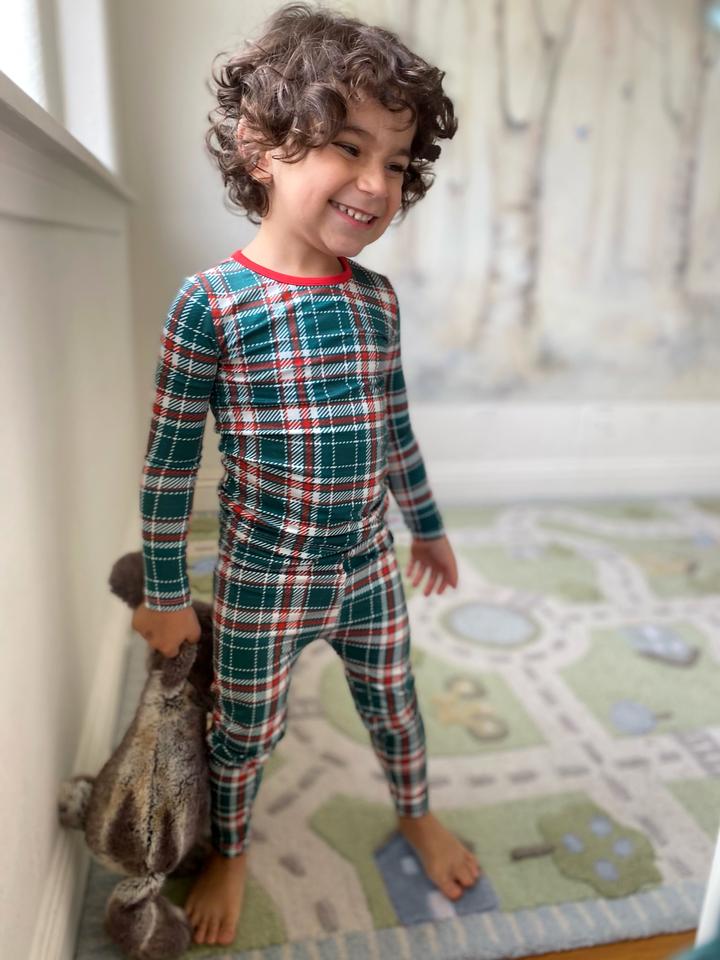 BELLABU BEAR HOLIDAY PLAID BAMBOO KIDS PAJAMAS TWO-PIECE SET