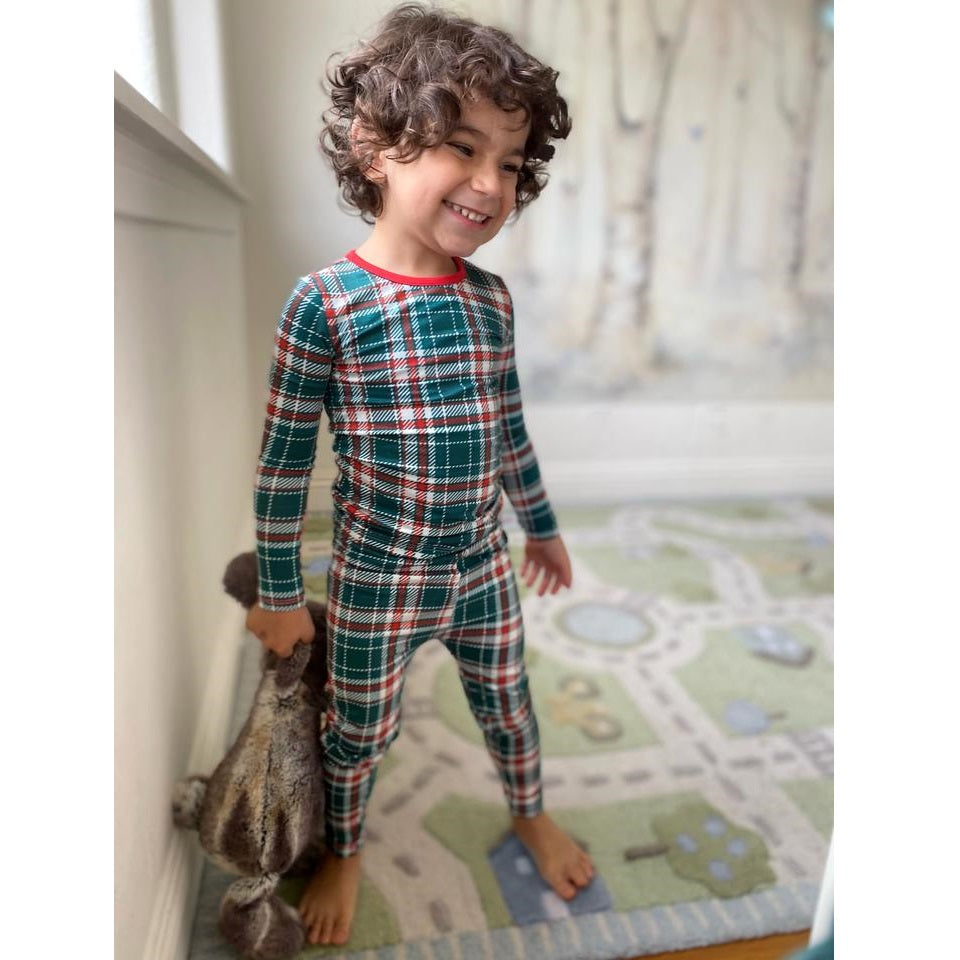 BELLABU BEAR HOLIDAY PLAID BAMBOO KIDS PAJAMAS TWO-PIECE SET