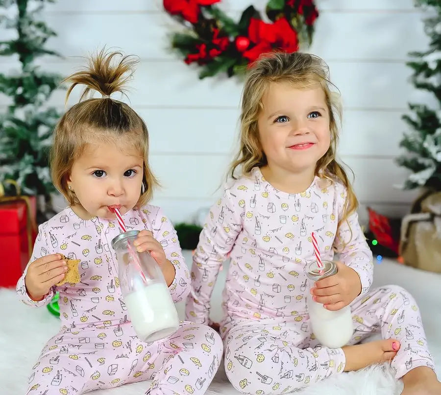Bellabu Bear Milk And Cookies Pink Bamboo Kids Pajamas Two Piece Set