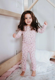 Bellabu Bear Milk And Cookies Pink Bamboo Kids Pajamas Two Piece Set