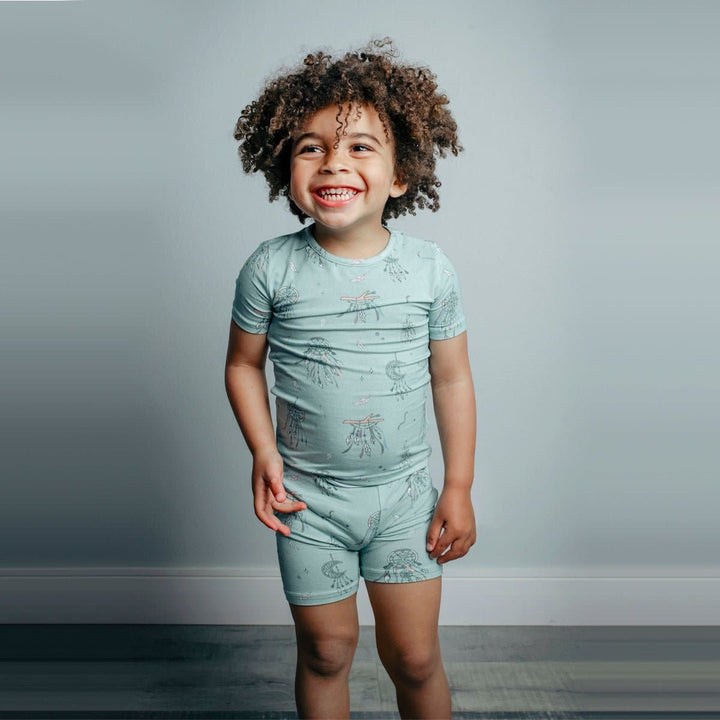 BELLABU BEAR BAMBOO KIDS SHORT SET DREAMCATCHER BLUE