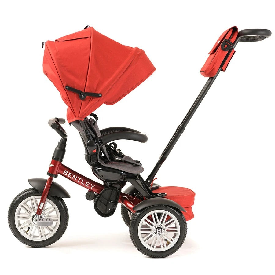 Bentley Trike 6-in-1 V2 Dragon Red with red canopy, adjustable push handle, and rear storage bag
