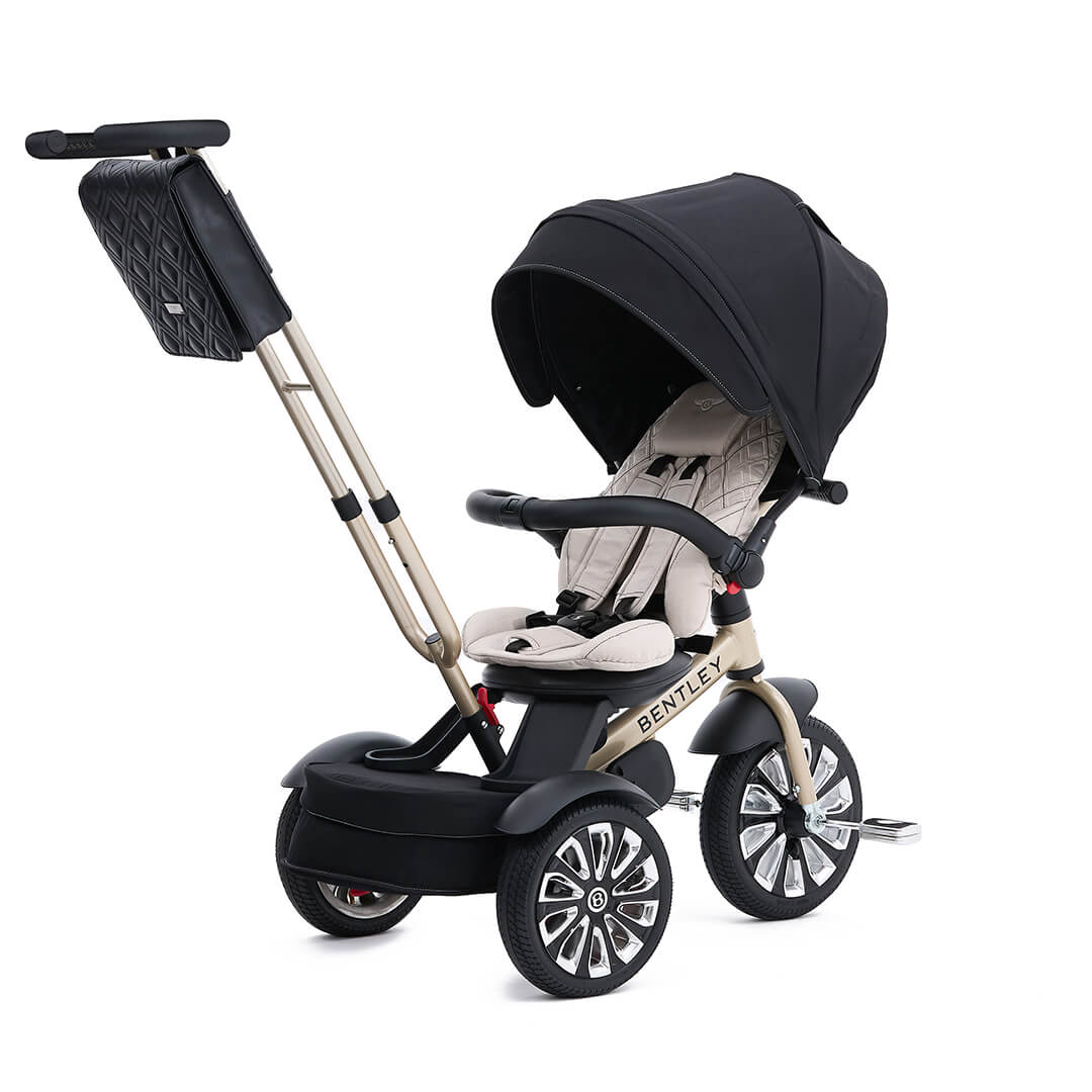 Bentley Trike 6-in-1 V2 Mulliner Gold Limited Edition with beige frame, quilted seat and black canopy