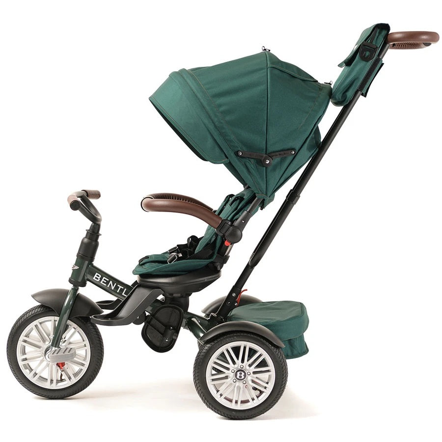 Bentley Trike 6-in-1 V2 Spruce Green baby tricycle with canopy and brown handle grips