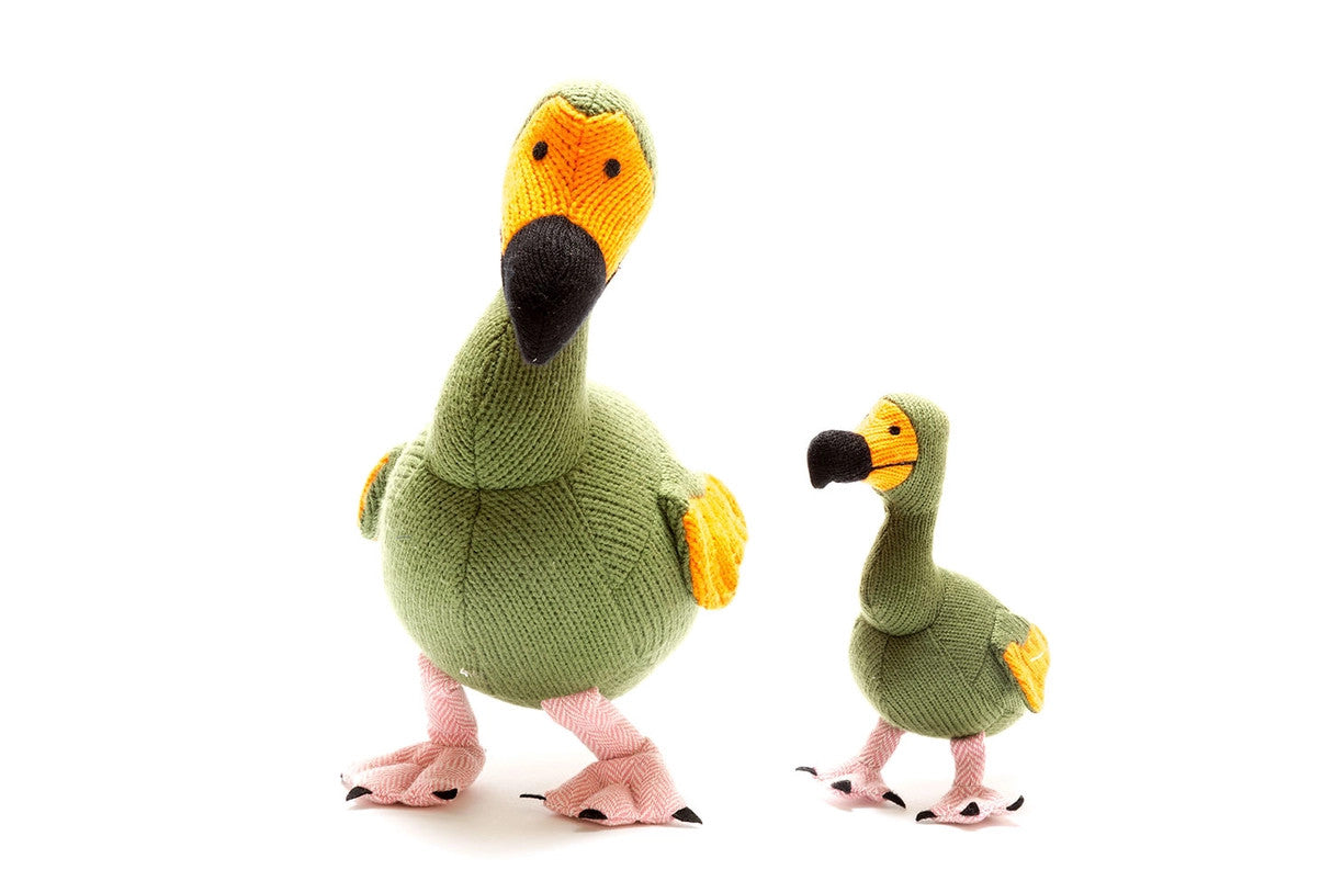 knitted dodo plush toys, green bodies with yellow heads, 2-piece set