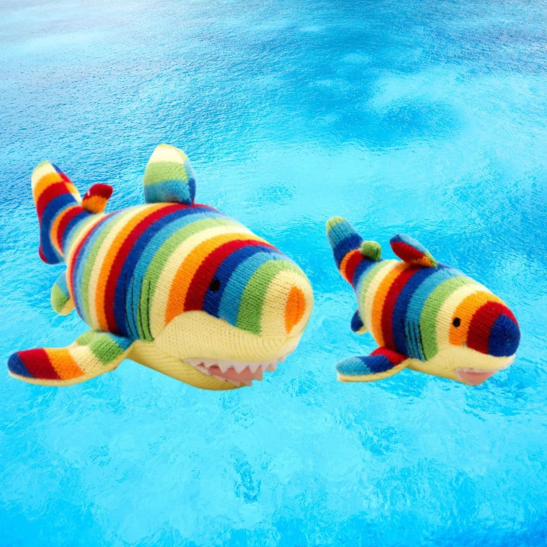 2 rainbow striped knitted shark plush toys