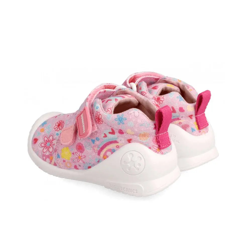 Biomecanics Rose y Flores baby sneakers, pink floral pattern, white sole