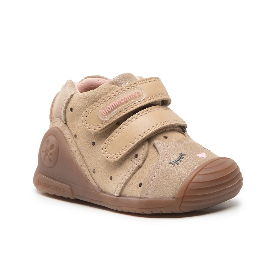 Biomecanics beige suede baby shoe with velcro straps and brown sole