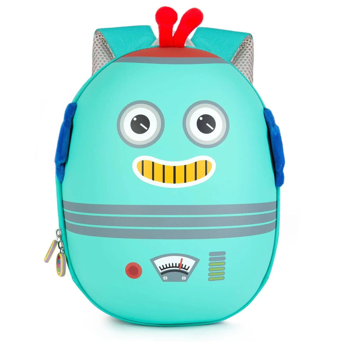 Boppi Tiny Trekker kids backpack turquoise robot face