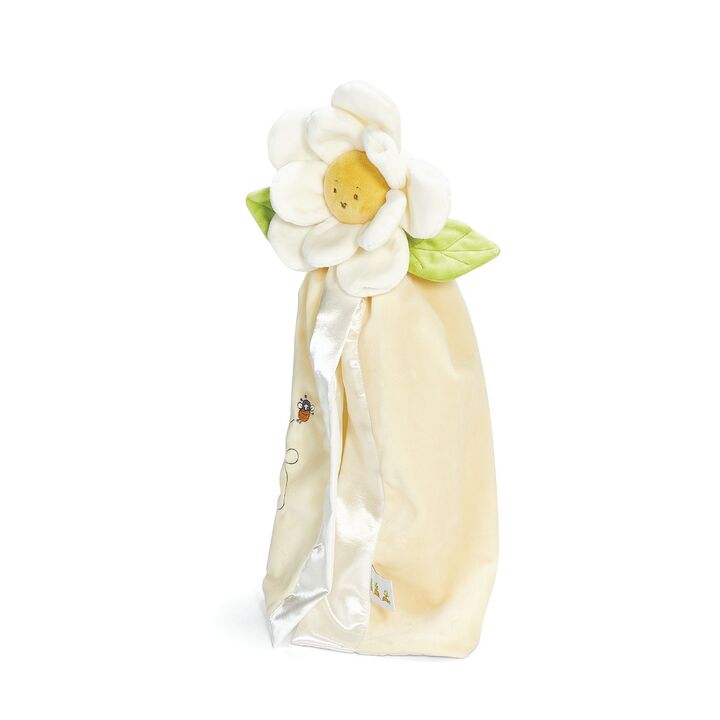 Daisy Buddy Blanket, cream satin with white daisy flower and green leaves