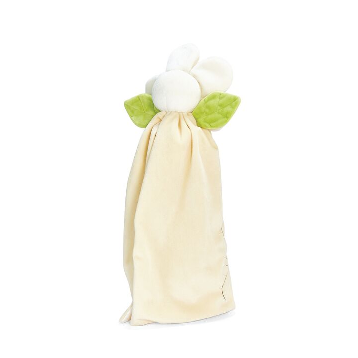 Daisy buddy blanket cream satin with plush bunny head and green leaf accents