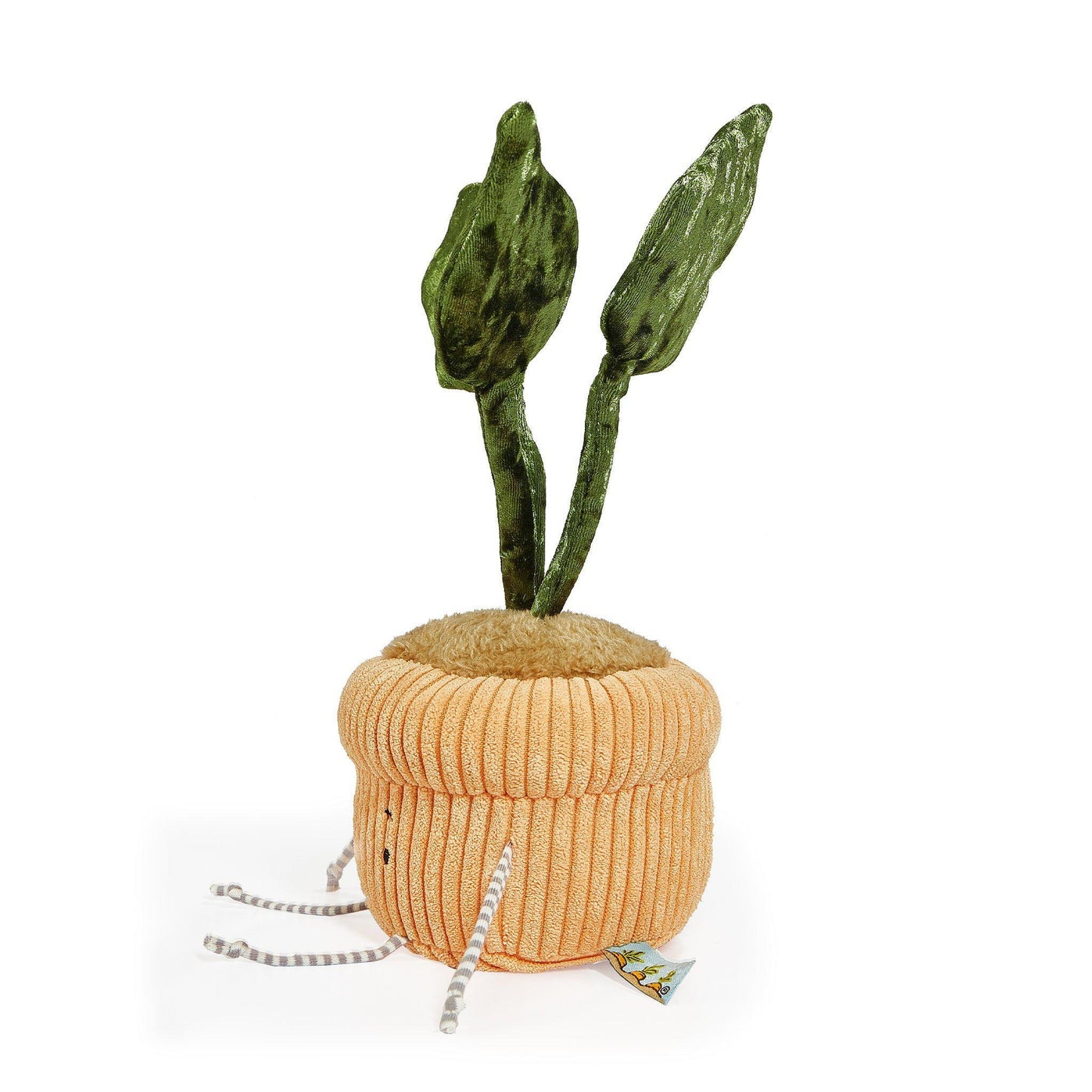 Windowsill monstera plant plush in orange knitted pot with green leaves