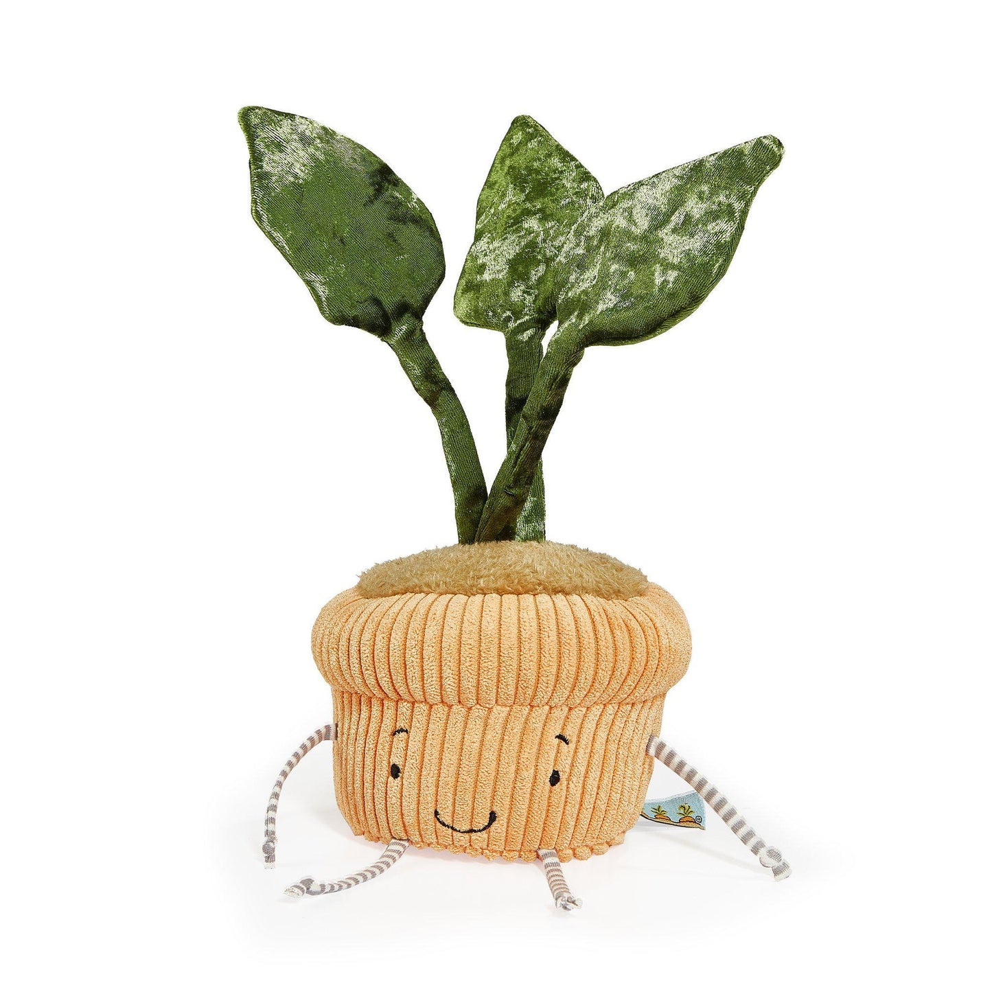 plush monstera plant in ribbed orange corduroy pot