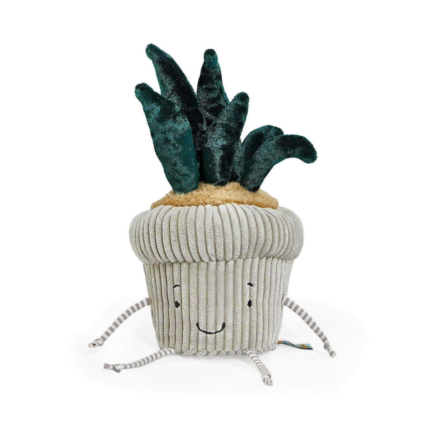 Windowsill snake plant plush with beige ribbed pot and green velvet leaves