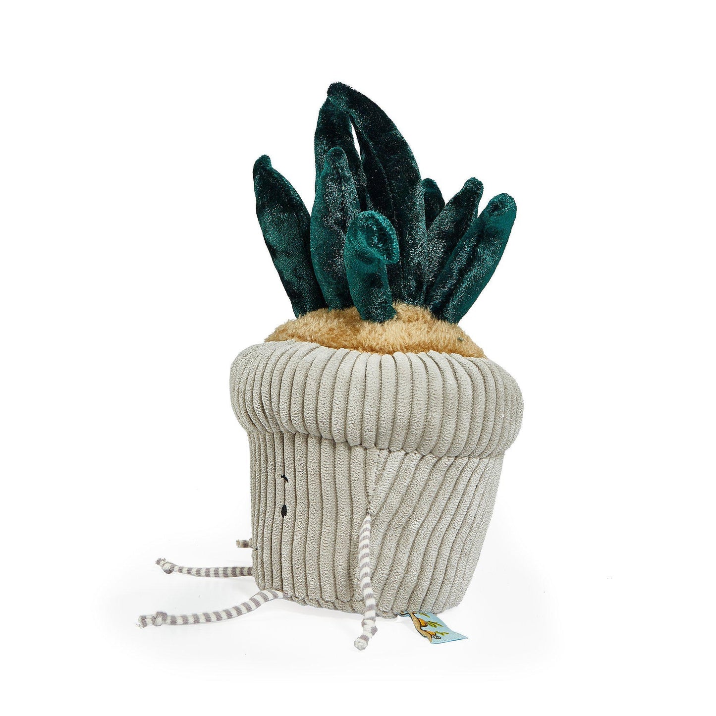Windowsill snake plant plush in ribbed gray corduroy pot with green velvet leaves