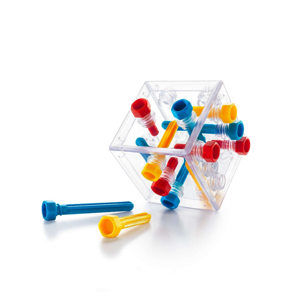 SmartGames Criss Cross Cube puzzle; clear cube with colorful pegs