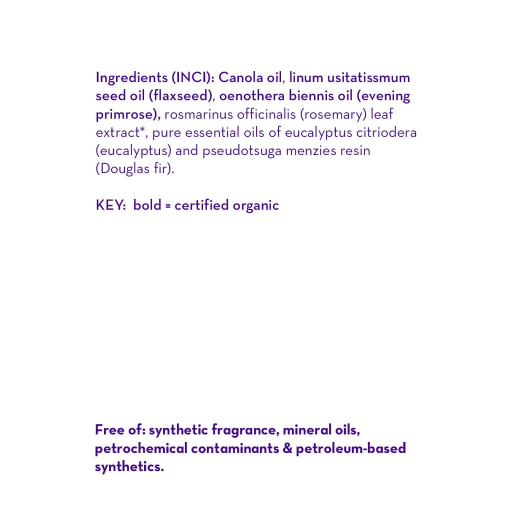 California Baby eucalyptus ease body oil ingredients list in purple text