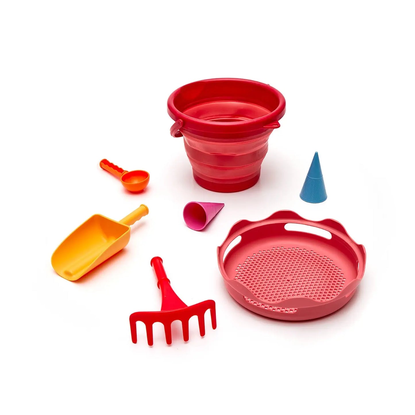 7 piece sand toy set with red bucket and yellow shovel