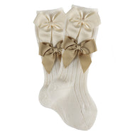 CONDOR MERINO WOOL-BLEND KNEE SOCKS WITH TWO GROSSGRAIN BOWS-BEIGE