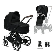 CYBEX e-Priam Chrome Frame/Deep Black Seat Pack + Lux Carry Cot Sepia Black Saving Bundle