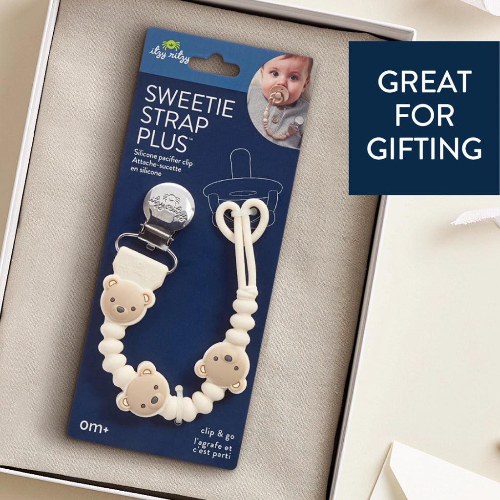 Itzy Ritzy Sweetie Strap Plus pacifier clip with cream bear beads