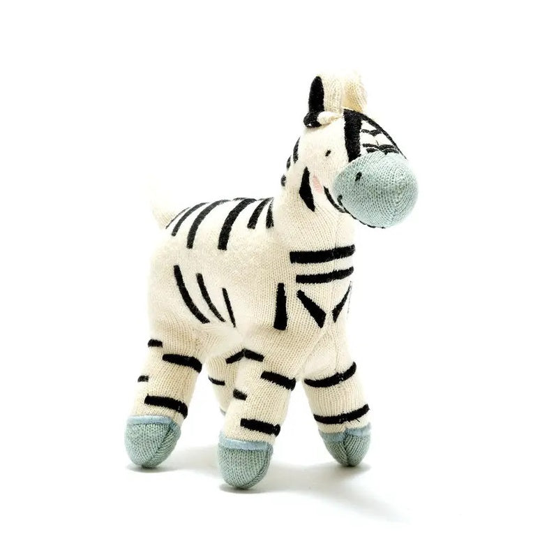 zebra plush toy knitted in organic cotton with blue hooves