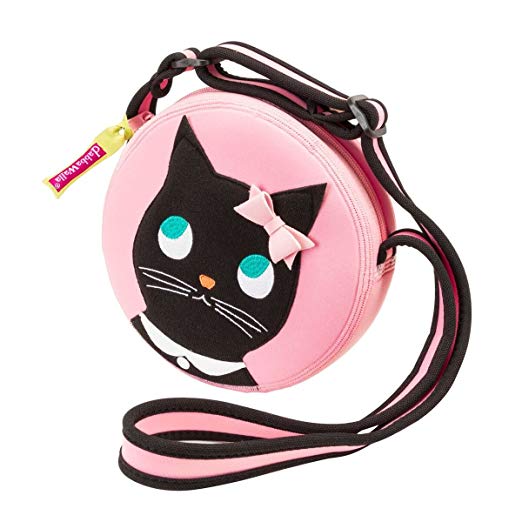 Dabbawalla crossbody bag pink round bag with black cat applique and pink bow
