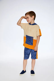 DEUXPARDEUX TERRY CLOTH HOODED TOP AND SHORT SET NAVY AND BEIGE