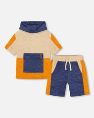 DEUXPARDEUX TERRY CLOTH HOODED TOP AND SHORT SET NAVY AND BEIGE