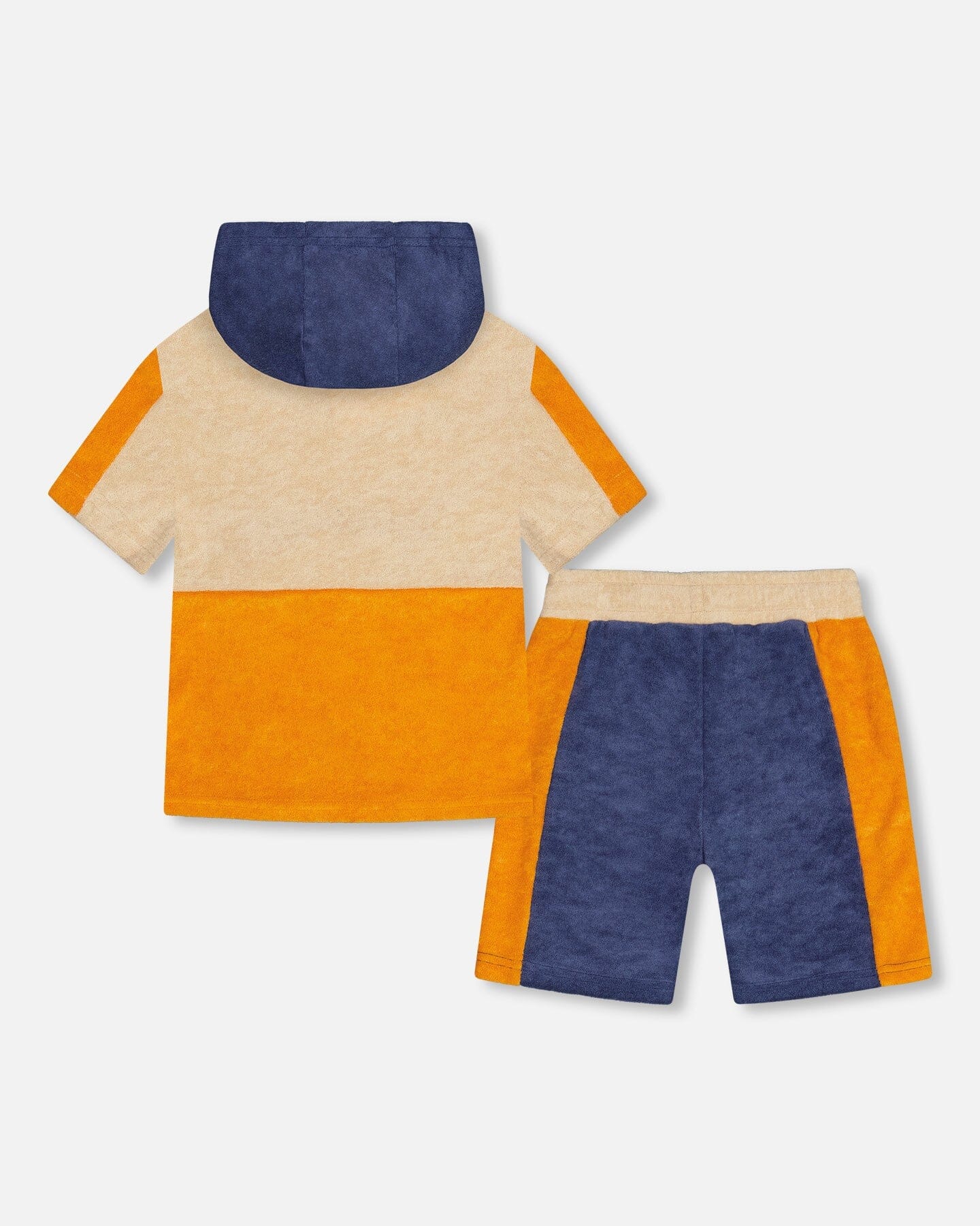 DEUXPARDEUX TERRY CLOTH HOODED TOP AND SHORT SET NAVY AND BEIGE