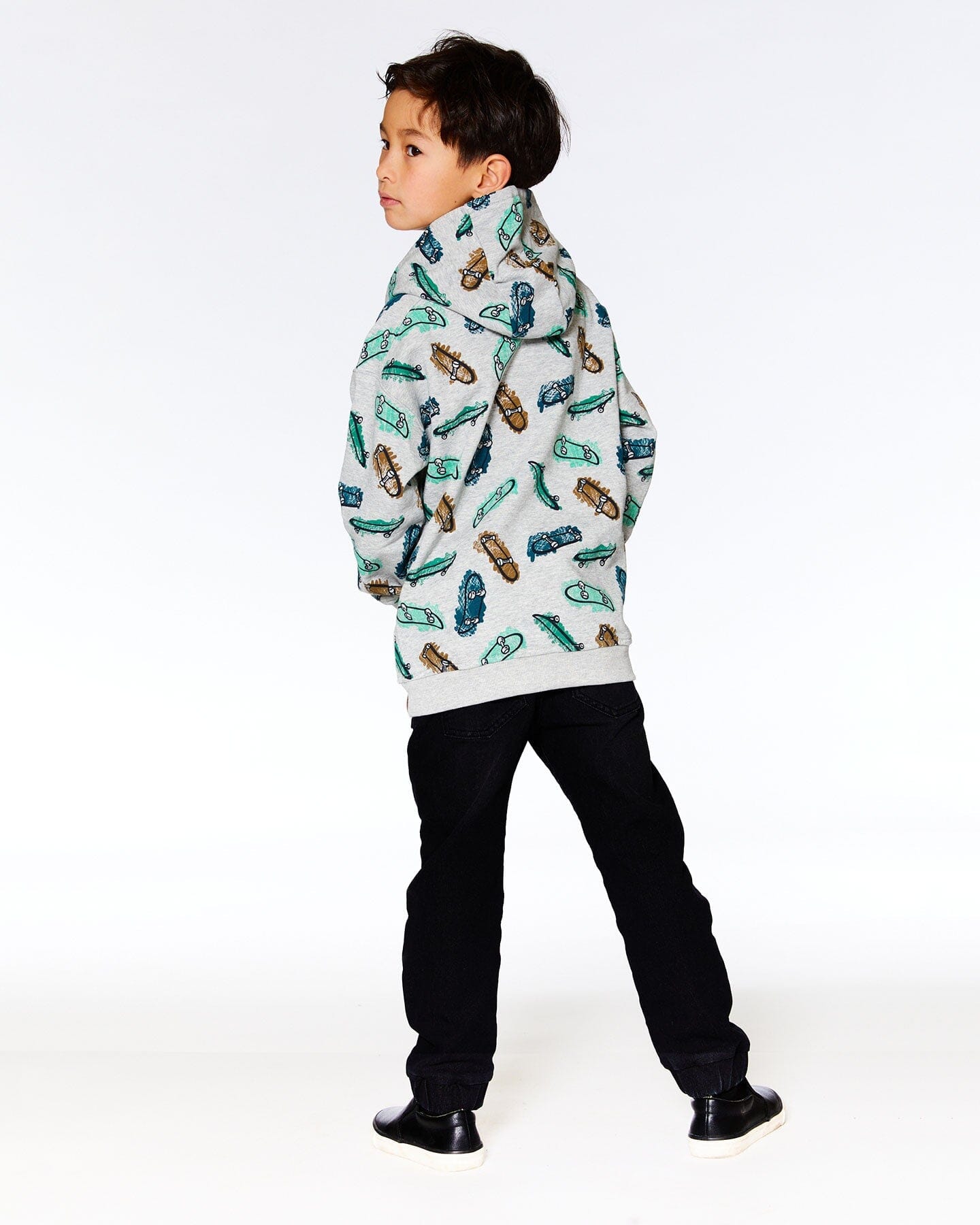 DEUX PAR DEUX PRINTED SKATEBOARD FLEECE HOODIE GREY MIX