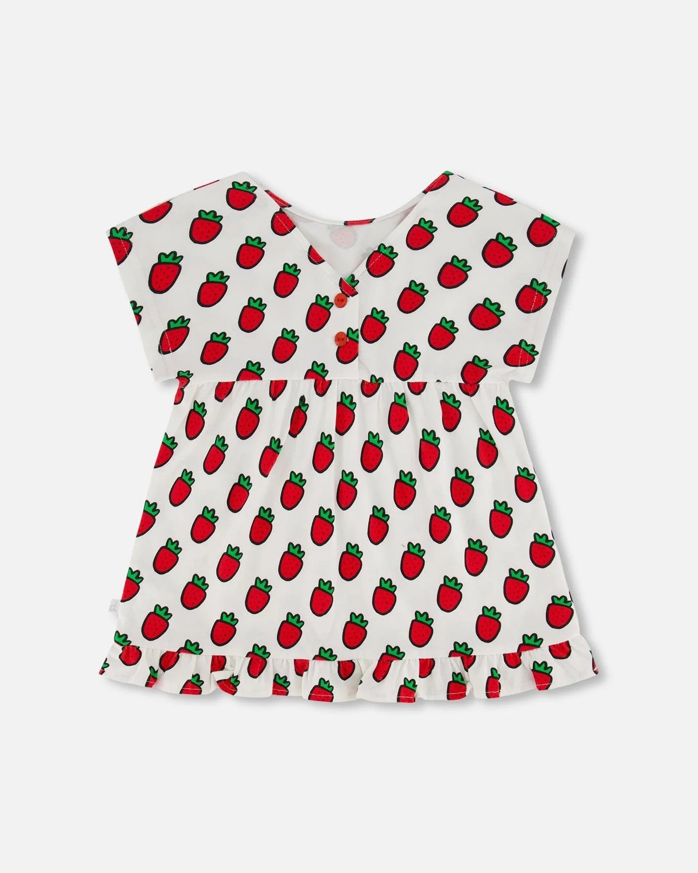 DEUXPARDEUX ORGANIC COTTON LONG TOP WITH FRILL WHITE PRINTED POP STRAWBERRY