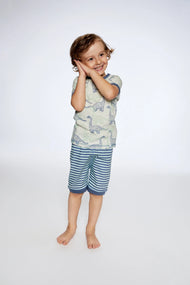 DEUXPARDEUX ORGANIC COTTON TWO PIECE SHORT PAJAMA SET HEATHER BEIGE PRINTED DINOSAURS