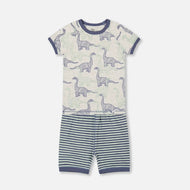 DEUXPARDEUX ORGANIC COTTON TWO PIECE SHORT PAJAMA SET HEATHER BEIGE PRINTED DINOSAURS