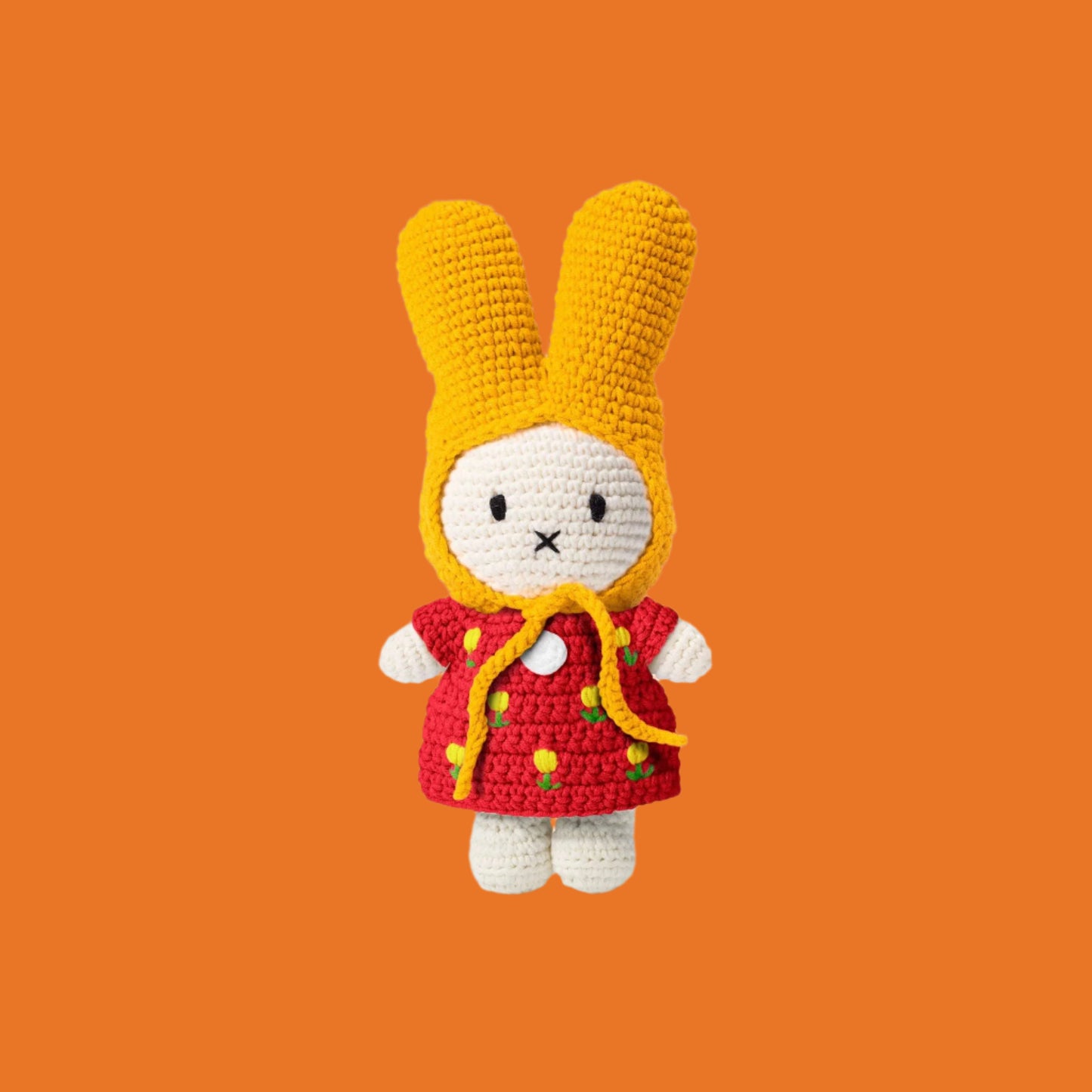 Miffy crochet plush bunny in red tulip dress and yellow hat
