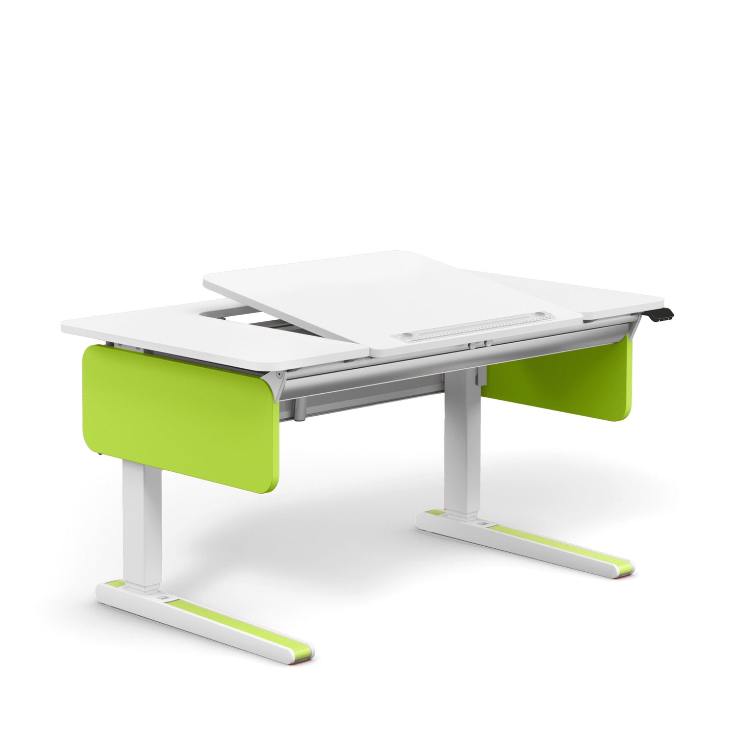 Moll e-Champion height adjustable desk, white tabletop with lime green panels