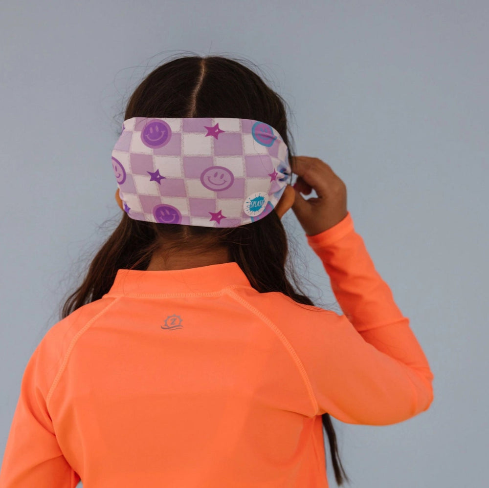 Splash swim goggles smiley pattern, purple and white checkered