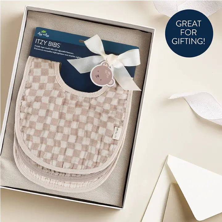 Itzy Ritzy Itzy Bibs beige checkered bib in gift box
