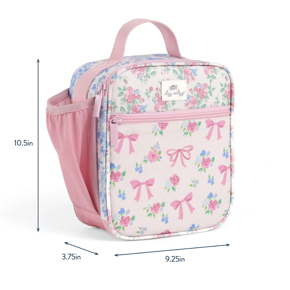 Itzy Ritzy lunch box bag with pink floral pattern and bow accents